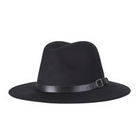 Women Classic Wide Brim Wool Fedora Hat with Belt Buckle Felt Panama Trilby Hat Church Derby Cap Jazz Hat - Black - M