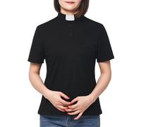 Women Clergy Clerical Polo Shirt with Tab Collar Short Sleeve Priest Minister Preacher Blouse Top for Church Costume Black