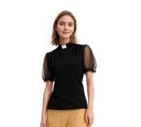 Women Clergy Shirt for Church Priest Short Sleeves Clerical Shirts Mesh Lantern Top Slim Blouse Tab Collar Tulle Black