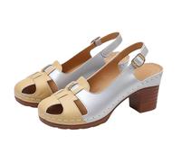 Women Closed Toe Sandals Trendy Block Heel Sandals Two-Tone Leather Sandal Casual Slingback Sandal Summer Holiday Shoes Comfy Walking Shoes Non Slip Ankle Strap Shoe Versatile Work Shoe Size 4-7.5