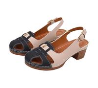 Women Closed Toe Sandals Trendy Block Heel Sandals Two-Tone Leather Sandal Casual Slingback Sandal Summer Holiday Shoes Comfy Walking Shoes Non Slip Ankle Strap Shoe Versatile Work Shoe Size 4-7.5