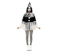 Women Clown Costumes Mesh Cloak Collar Black White Striped Pantyhose Hat | 4 pieces Halloween cosplay outfits, spooky and eye-catching, ideal for themed party stage haunted house