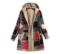 Women Coat UK Clearance 2023 Plus Size Vintage Print Long Padded Coat Hooded Color Block Mid-Length Warm Quilted Cotton Hoody Jacket Ladies Winter Coat UK Size 8-20