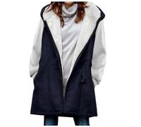 Women Coats Winter Ladies Fleece Lined Jacket Hoodies Pocket Woolen Casual Hooded Coats Horn Button Casual Warm Jacket Trench Coats Long Sleeve Hooded Overcoats Plus Size UK