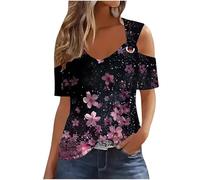 Women Cold Shoulder Top Clearance,Ladies Off Shoulder Cutout T-shirts Vintage Floral Printed Short Sleeve Crew Neck Tunic Tops Summer Casual Loose Comfort Elegant Tees UK Size 8-18 Today's Deals