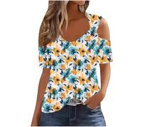 Women Cold Shoulder Top Clearance,Ladies Off Shoulder Cutout T-shirts Vintage Floral Printed Short Sleeve Crew Neck Tunic Tops Summer Casual Loose Comfort Elegant Tees UK Size 8-18 Today's Deals