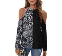 Women Cold Shoulder Tops Leopard Print Tunic Blouses Tshirts Long Sleeve Baggy Shirts Pullover Shirts Fashionable Blouse Off-Shoulder Long Sleeve Tops Sexy off-the-shoulder panelled leopard-print top