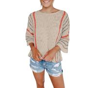 Women Color Block Crochet Striped Sweaters Tunic Tops for Women UK Plus Size 3/4 Sleeve Soft Comfort-Women's Plain Cut Out Round Neck Sweater Casual Comfy Smart Ladies Winter Jumpers