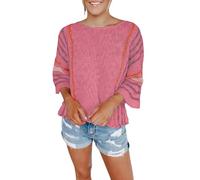 Women Color Block Crochet Striped Sweaters Tunic Tops for Women UK Plus Size 3/4 Sleeve Soft Comfort-Women's Plain Cut Out Round Neck Sweater Casual Comfy Smart Ladies Winter Jumpers