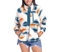 Women Color Block Ethnic Print Cardigan Fashion Fleece Lined Jacket Coat, navy, L