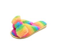 Women Colorful Fashion Winter Open Toe Slippers Ladies Indoor Outdoor Warm Fur Lined Flip Flops Yellow,Size 5-5.5 UK