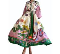 Women Colorful Graffiti Lantern Sleeve Polo Neck Maxi Dress-Casual Vintage Boho Style Flowy Long Dress for Autumn Parties Outings (Print-Purple,M)