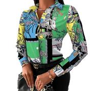 Women Colorful Shirts and Blouse Party Elegant Slim V-Neck Print Casual Full-Sleeve Tops Blouse Tunic Shirts