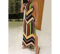 Women Colorful Striped Print Side Slit Maxi Dress Breathable Comfort Fit Elegant Sexy Beach Wedding Resort Wear Summer
