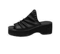 Women Comfortable Open Toe Block Heel Sandals Women's Europe And The States Wind Pleated Soft Leather Package Square Head Open Toe Thick Bottom A Home Slippers for Rubber Womens (Black,4)