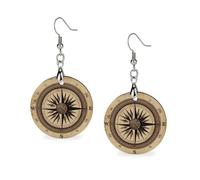 Women Compass Wind Road Map Wooden Earrings Lightweight Dangle Earrings Geometric Drop Earring Vintage Round Retro Daily Wear Jewelry Gift for Wedding Party Graduation