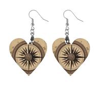 Women Compass Wind Road Map Wooden Earrings Lightweight Dangle Earrings Geometric Drop Earring Vintage Heart-Shaped Retro Daily Wear Jewelry Gift for Wedding Party Graduation