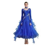 Women Competition Modern Dancing Clothes Long Sleeve Waltz Stage Costumes Ballroom Dance Dress, Blue, XXL