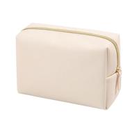 Women Cosmetic Bag PU Leather Solid Color Pouch Travel Portable Toiletry Storage Bag(Beige L)