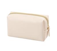Women Cosmetic Bag PU Leather Solid Color Pouch Travel Portable Toiletry Storage Bag(Beige M)
