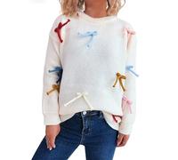 Women Cosy Knit Jumper with Decorative 3D Bow Embellishments,Cute Casual Knitted Pullover Sweater