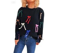 Women Cosy Knit Jumper with Decorative 3D Bow Embellishments,Cute Casual Knitted Pullover Sweater