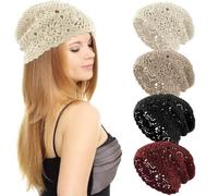 Women Cotton Crochet Hat Handmade Knit Floral Slouchy Beanie Hat Knitted Cutout Summer Skull Cap, 4 Pcs