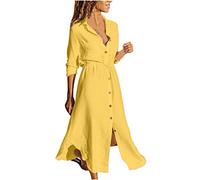 Women Cotton Linen Button Down Long Sleeve Sundress - Ladies Casual Summer Boho Maxi Beach Office Vintage Evening Party Dress Plus Size 22