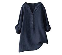 Women Cotton Linen Button Down Shirts Fall Summer Oversized Blouse Long Sleeve Casual Work Plain Tops Shirts Navy