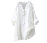 Women Cotton Linen Button Down Shirts Fall Summer Oversized Blouse Long Sleeve Casual Work Plain Tops Shirts White