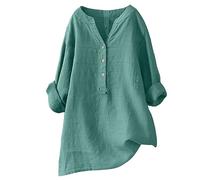Women Cotton Linen Button Down Shirts Oversized V Neck Rolled Long Sleeve Casual Blouse Plus Size Loose Fit Baggy Blouses Cotton Linen Tunic Longline Top Plain T-Shirt Solid Color (Green-e, XXL)