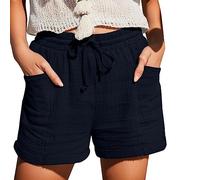 Women Cotton Linen Casual Shorts Summer Lounge Low Waist Fashion Shorts Solid Colours Drawstring Elastic Waist Shorts with Pockets Navy