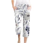 Women Cotton Linen Cropped Capri Trousers Sale Clearance Ladies Flower Printed 3/4 Length Pants Drawstring Trouser Elastic Waist Pant Straight Leg Shorts with Pockets Tights Loose Comfy Pants White