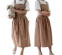 Women Cotton Linen Cross Back Apron with Pockets for Gardening Works Pinafore Dress - brown - Free