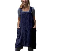Women Cotton Linen Cross Back Japanese Style Aprons for Cooking Crafting Gardening Barbeque Pottery with 2 Pockets Plus Size (Navy, Medium)