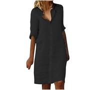 Women Cotton Linen Dresses Half Sleeve Collared V-Neck Midi Dress with Button Front, Summer Holiday Beach Shirt Dress 2025 Deals My Orders Black
