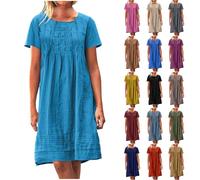 Women Cotton Linen Dresses UK Clearance, Ladies Solid Casual Dress Smock Sundress Pleated Dresses Short Sleeve Dress Round Neck Clothing A-Line Skirts Midi Skirt Loose Ruffle Costume Flowy Lounge Wear