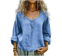 Women Cotton Linen Long Sleeve Shirt Loose Fit(Blue M)