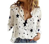 Women Cotton Linen Shirt Long Sleeve 5-Pointed Pentagram Big Star Graphic Pattern Print Graphic Button-Down Collared Top Plus Size Basic Loose Casual Blouse K BigStar White 12