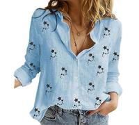 Women Cotton Linen Shirt Long Sleeve 5-Pointed Pentagram Star Graphic Pattern Print Graphic Button-Down Collared Top Plus Size Basic Loose Casual Blouse E 5Star Blue 20