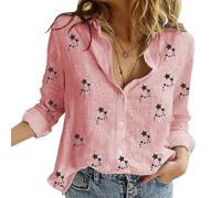 Women Cotton Linen Shirt Long Sleeve 5-Pointed Pentagram Star Graphic Pattern Print Graphic Button-Down Collared Top Plus Size Basic Loose Casual Blouse E 5Star Pink 16