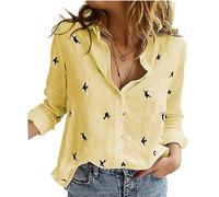 Women Cotton Linen Shirt Long Sleeve Bird Swallow Graphic Pattern Print Graphic Button-Down Collared Top Plus Size Basic Loose Casual Blouse C Bird Yellow 10