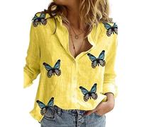 Women Cotton Linen Shirt Long Sleeve Butterfly Graphic Pattern Print Graphic Button-Down Collared Top Plus Size Basic Loose Casual Blouse F Butter Yellow 8