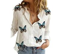 Women Cotton Linen Shirt Long Sleeve Butterfly Graphic Pattern Print Graphic Button-Down Collared Top Plus Size Basic Loose Casual Blouse F Butter White 12
