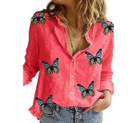Women Cotton Linen Shirt Long Sleeve Butterfly Graphic Pattern Print Graphic Button-Down Collared Top Plus Size Basic Loose Casual Blouse F Butter Red 10