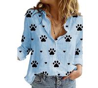 Women Cotton Linen Shirt Long Sleeve Dog Cat Paw Animal Lover Critter Graphic Pattern Print Graphic Button-Down Collared Top Plus Size Basic Loose Casual Blouse J Paw Blue 14