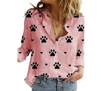 Women Cotton Linen Shirt Long Sleeve Dog Cat Paw Animal Lover Critter Graphic Pattern Print Graphic Button-Down Collared Top Plus Size Basic Loose Casual Blouse J Paw Pink 16