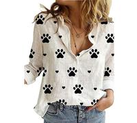 Women Cotton Linen Shirt Long Sleeve Dog Cat Paw Animal Lover Critter Graphic Pattern Print Graphic Button-Down Collared Top Plus Size Basic Loose Casual Blouse J Paw White 16