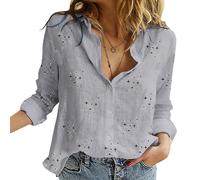Women Cotton Linen Shirt Long Sleeve Four-Pointed Star Graphic Pattern Print Graphic Button-Down Collared Top Plus Size Basic Loose Casual Blouse D 4Star Grey 14
