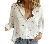 Women Cotton Linen Shirt Long Sleeve Four-Pointed Star Graphic Pattern Print Graphic Button-Down Collared Top Plus Size Basic Loose Casual Blouse D 4Star White 20